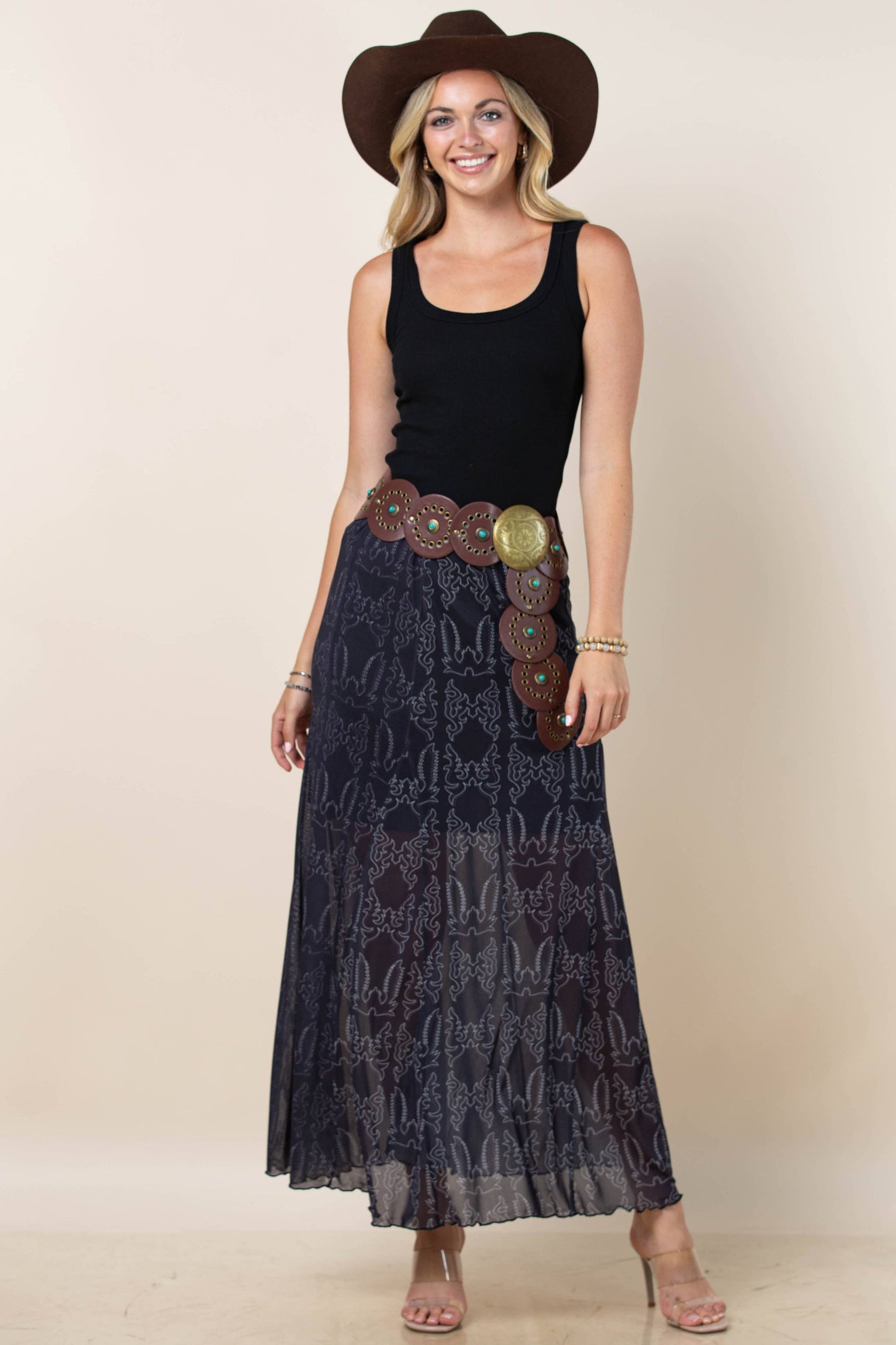 Montana Boho/Western Spirit Fashion:-REESE BOOTSTITCH PRINT A-LINE LINED MESH SKIRT