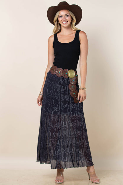 Montana Boho/Western Spirit Fashion:-REESE BOOTSTITCH PRINT A-LINE LINED MESH SKIRT