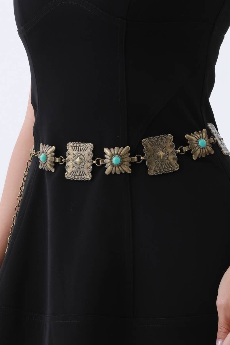 Vintage Western Geometric Belt-Square Turquoise Chain Waist