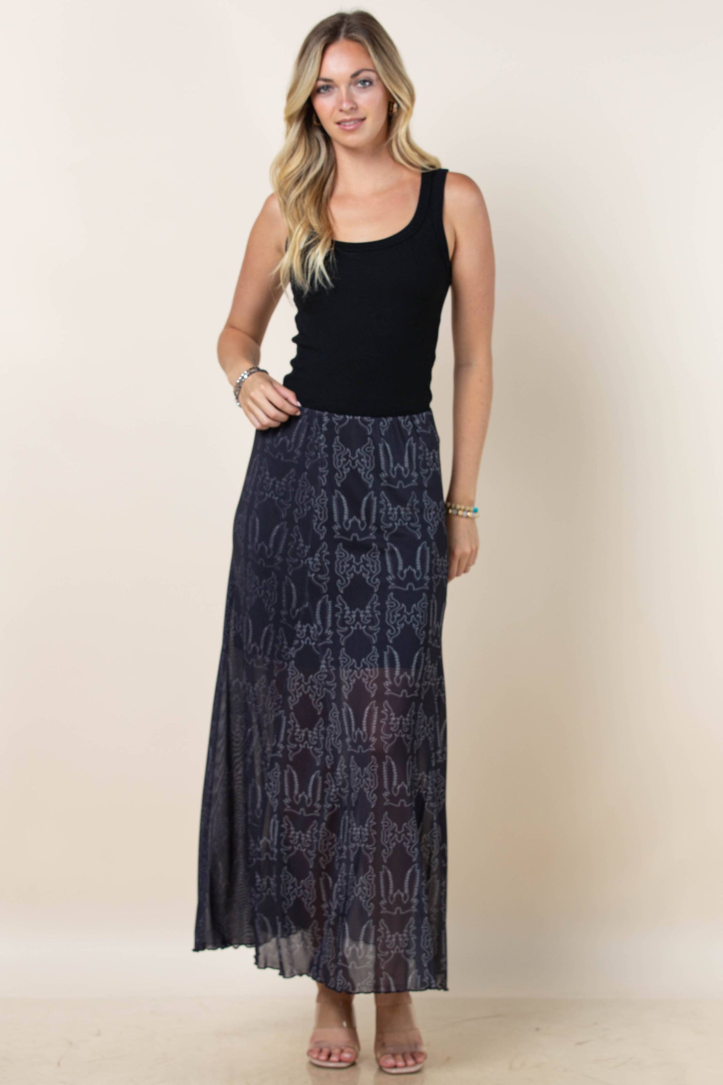 Montana Boho/Western Spirit Fashion:-REESE BOOTSTITCH PRINT A-LINE LINED MESH SKIRT