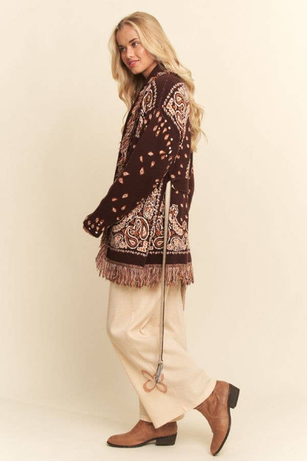 FREE SPIRIT DREAMER Series: FRINGE TRIM JACQUARD KNIT BELTED CARDIGAN