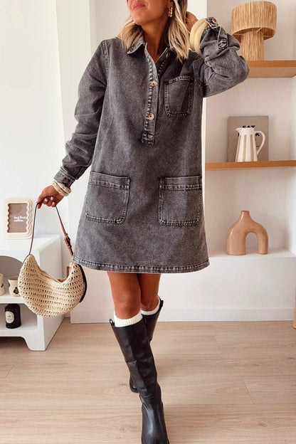 Button-Down Denim Dress with Pockets (Brown; Tone-On-Tone Leopard Print—subtle)