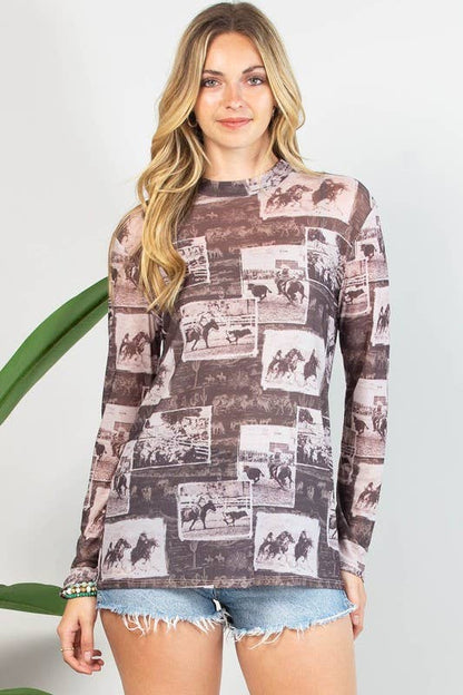 Montana Boho Western Spirit Fashion: WESTERN RODEO PRINT SEMI SHEER MESH TOP