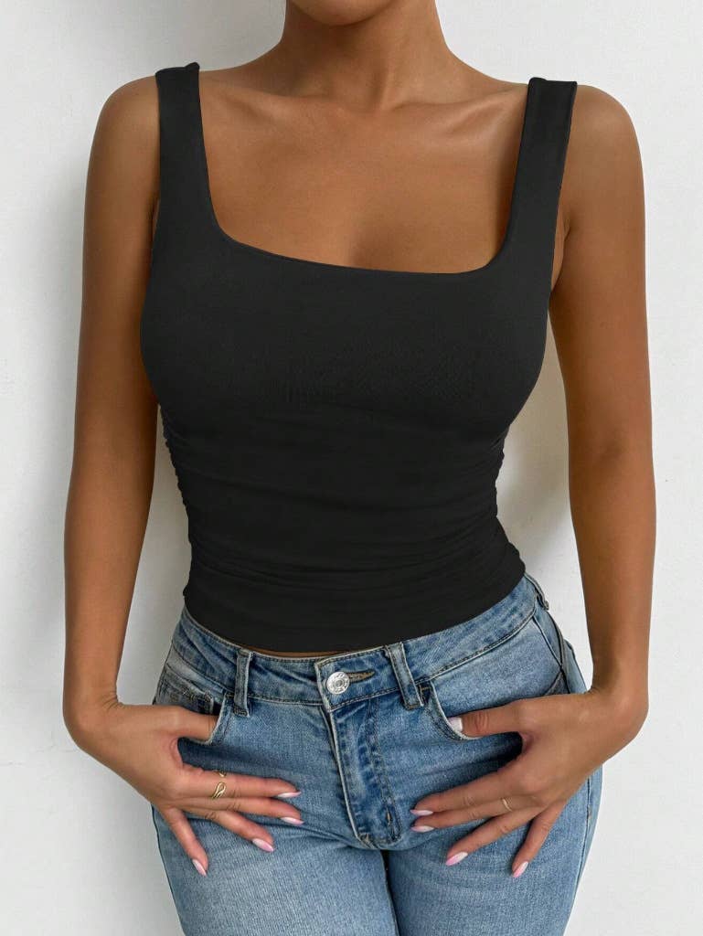 Everyday Basic Versatile Square neck stretchy tank top (Ruched sides; Very Slimming)