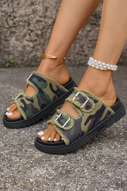 HOT—2026: CAMO-GIRLCamouflage Frayed Trim Hollow Out Retro Sandals
