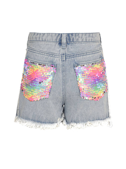 DENIM SHORTS W/ SEQUIN DISTRESS