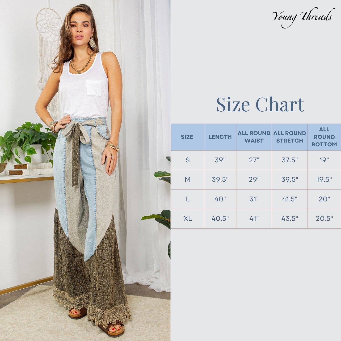Montana Boho Mixed-Media Lace Hem Tie-Waist Flare Pants