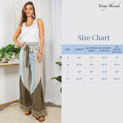 Montana Boho Mixed-Media Lace Hem Tie-Waist Flare Pants