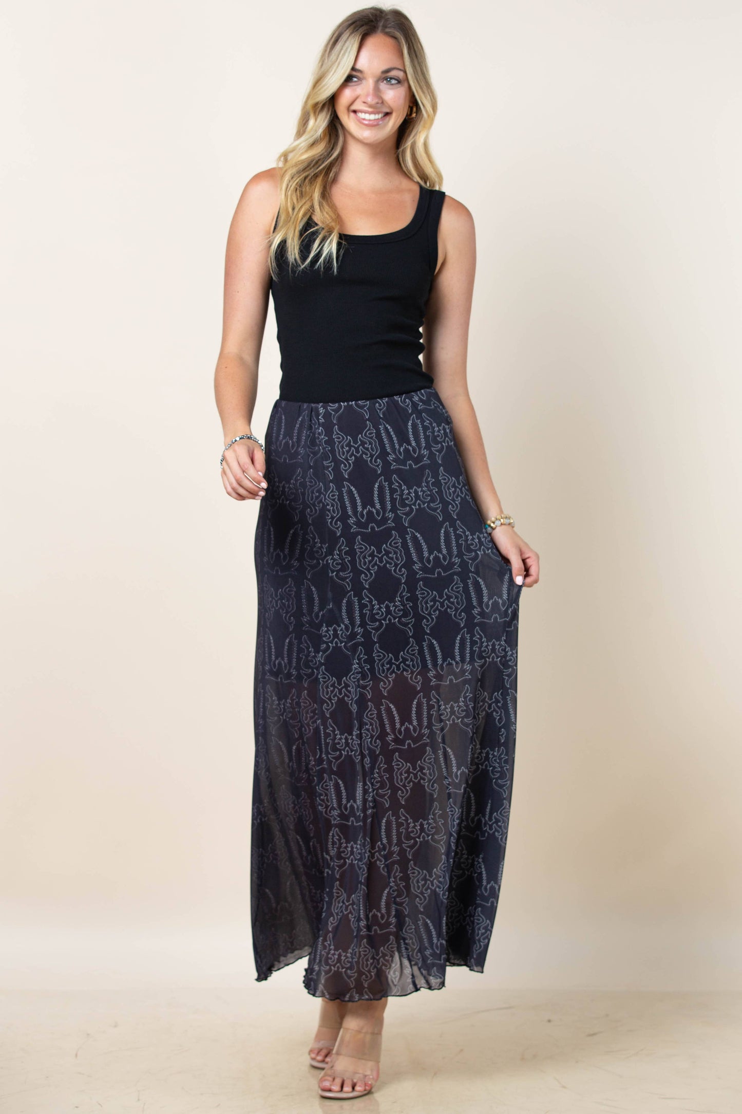 Montana Boho/Western Spirit Fashion:-REESE BOOTSTITCH PRINT A-LINE LINED MESH SKIRT
