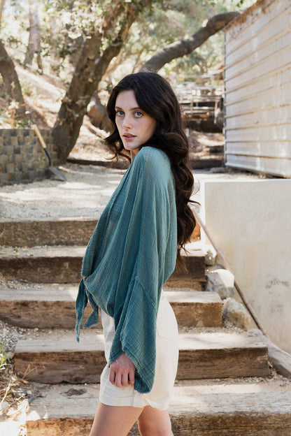 Crinkled Kimono Wrap - Fall Transition Essential (Teal)