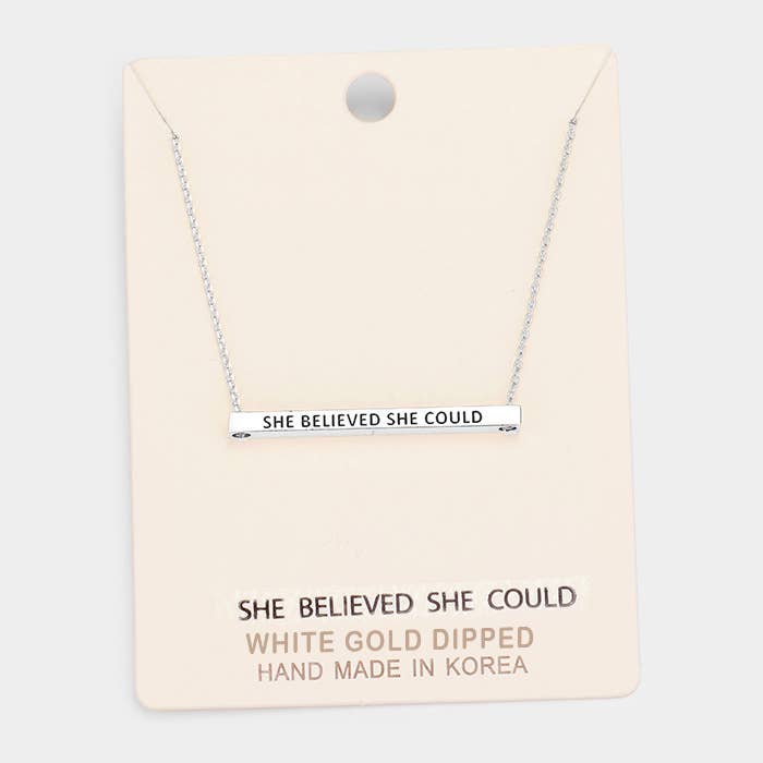 'She Believed She Could' Horizontal Metal Bar Pendant Necklace: Montana Boho Western Spirit Jewelry