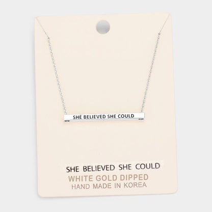 'She Believed She Could' Horizontal Metal Bar Pendant Necklace: Montana Boho Western Spirit Jewelry