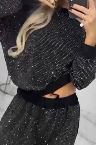 Show-Stopping Comfort: Sparkling sequin allover; wide-leg pant set