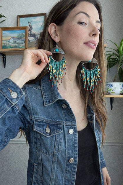 Seed Bead—tTrquoise- & circular Fringe drop: Moon Shaped Seedbead Earrings