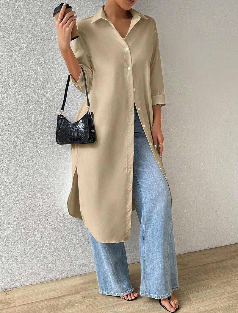 Be A Show-Stopper—Simply IRRESISTIBLE:Solid Mid-Sleeve Long Cardigan Shirt