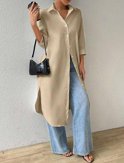 Be A Show-Stopper—Simply IRRESISTIBLE:Solid Mid-Sleeve Long Cardigan Shirt