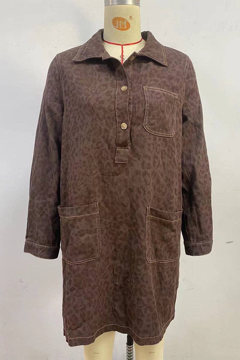 Button-Down Denim Dress with Pockets (Brown; Tone-On-Tone Leopard Print—subtle)