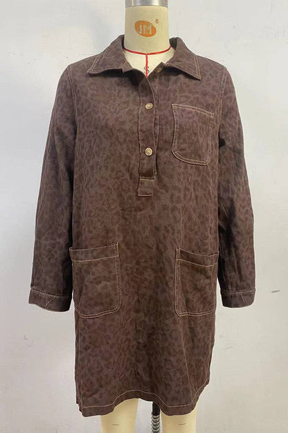 Button-Down Denim Dress with Pockets (Brown; Tone-On-Tone Leopard Print—subtle)