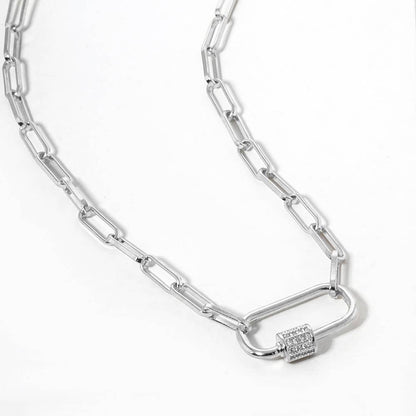 Gold Dipped CZ Carabiner Pendant Paperclip Chain Necklace