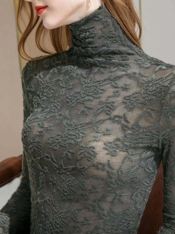 Montana Boho/Western Essentials: Sheer Mesh Floral Textured Lace Turtleneck Top