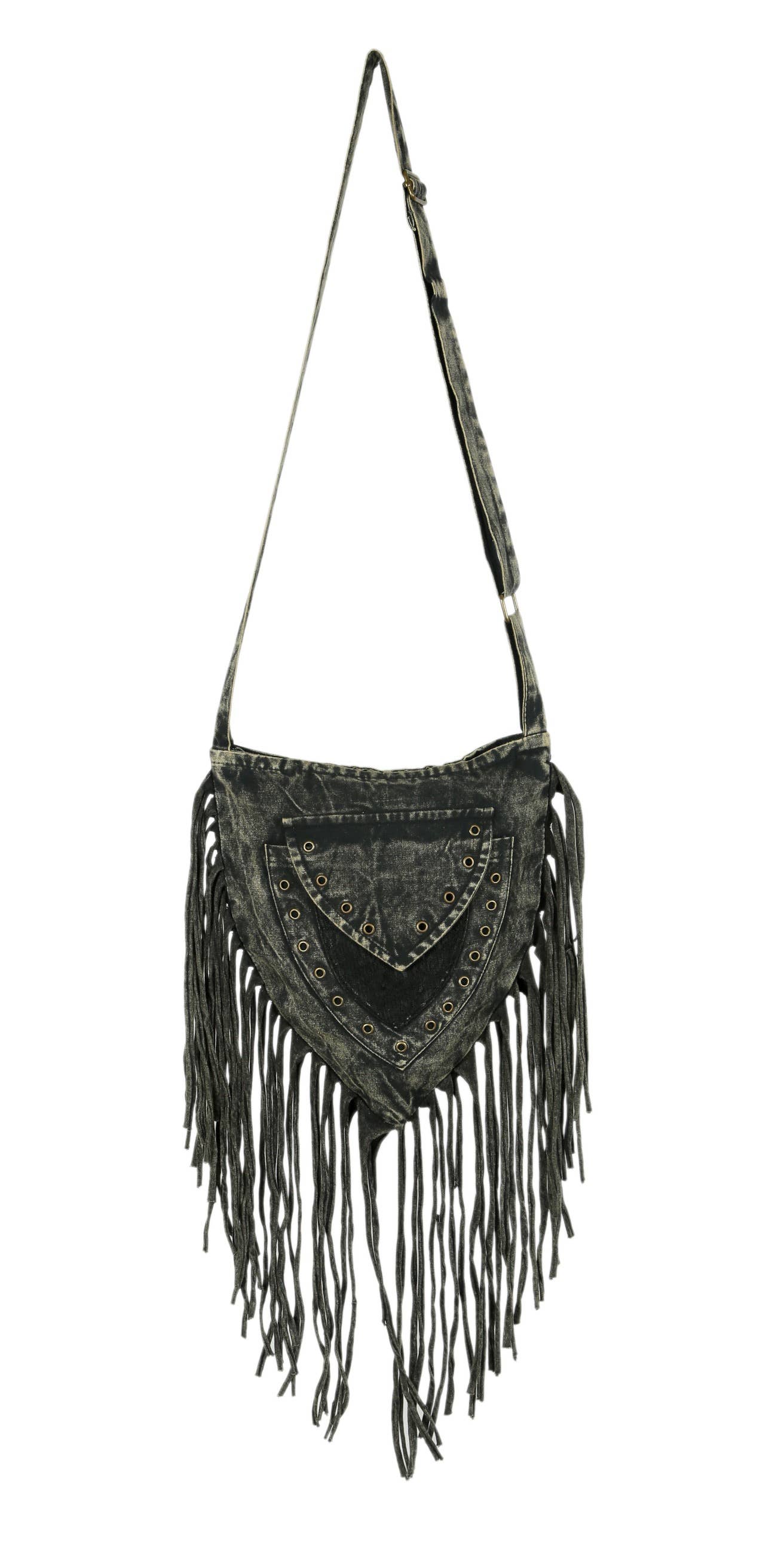 FREE SPIRIT DREAMER Series: Dark Gray Stonewashed Fringe Triangular Passport Bag