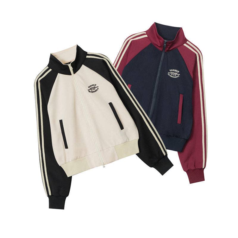 Color Block Striped Short Jacket With Stand Collar (Creme & Black)