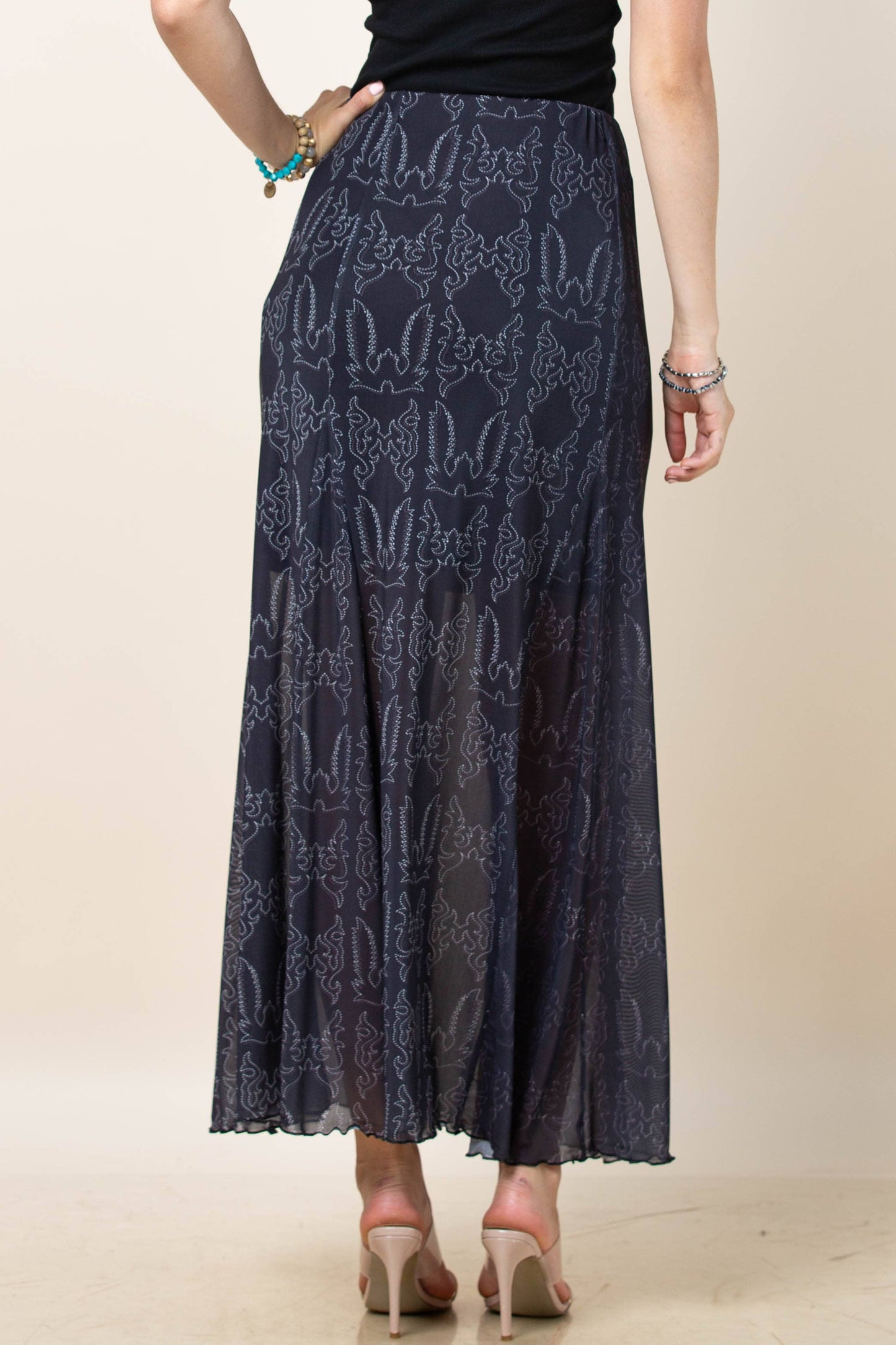 Montana Boho/Western Spirit Fashion:-REESE BOOTSTITCH PRINT A-LINE LINED MESH SKIRT