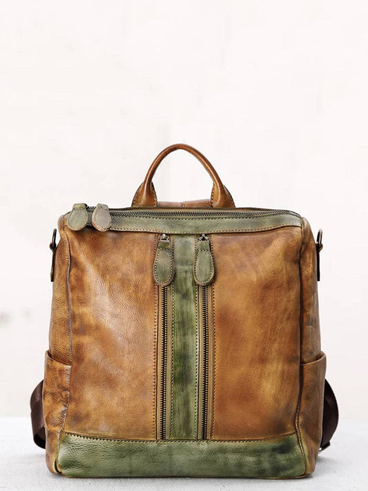 Casual Travel Color Matching Leather Backpack BROWN
