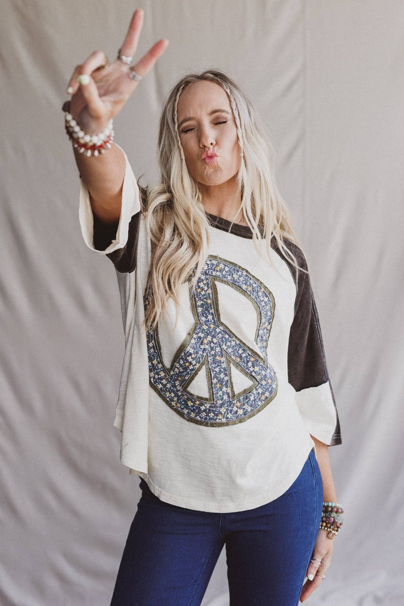 Peaceful Contrast Top - Navy Ivory (Peace Sign)