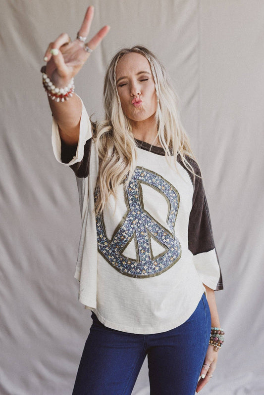 Peaceful Contrast Top - Navy Ivory (Peace Sign)