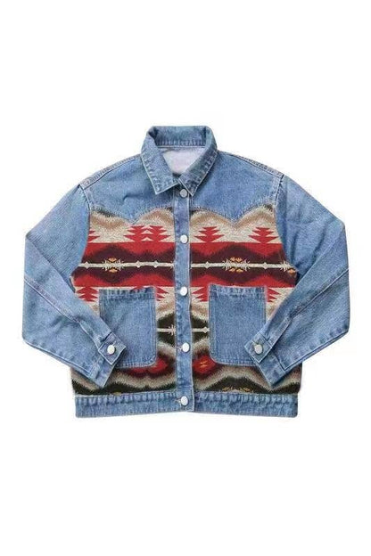 Denim Jacket with contrast fabric Aztec Print
