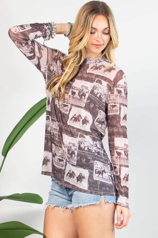 Montana Boho Western Spirit Fashion: WESTERN RODEO PRINT SEMI SHEER MESH TOP