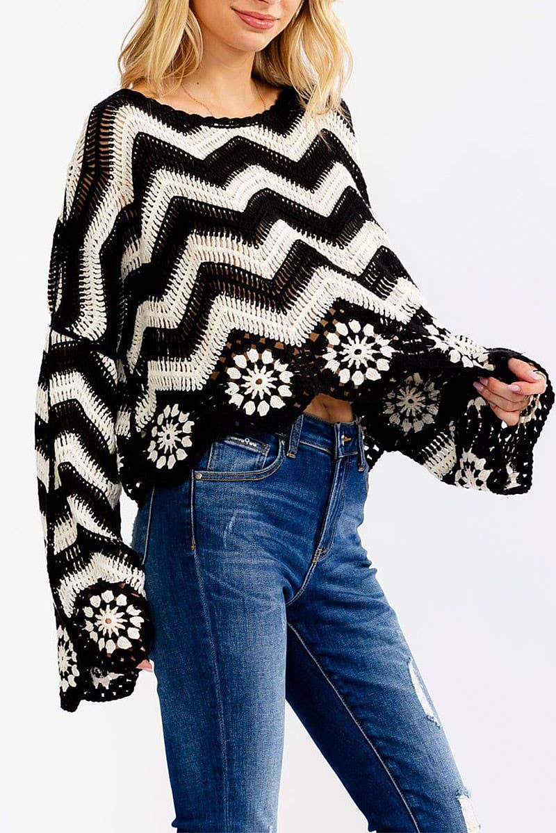 Montana Boho Western Spirit Fashion: LONG BELL SLEEVE COLORBLOCK CROCHET PULLOVER TOP (2)