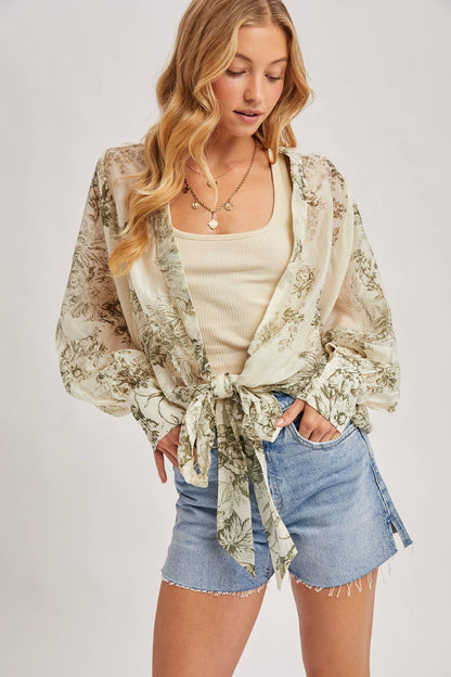 FREE SPIRIT DREAMER Series: BOTANICAL PRINT TIED FRONT BALLOON SLEEVED KIMONO