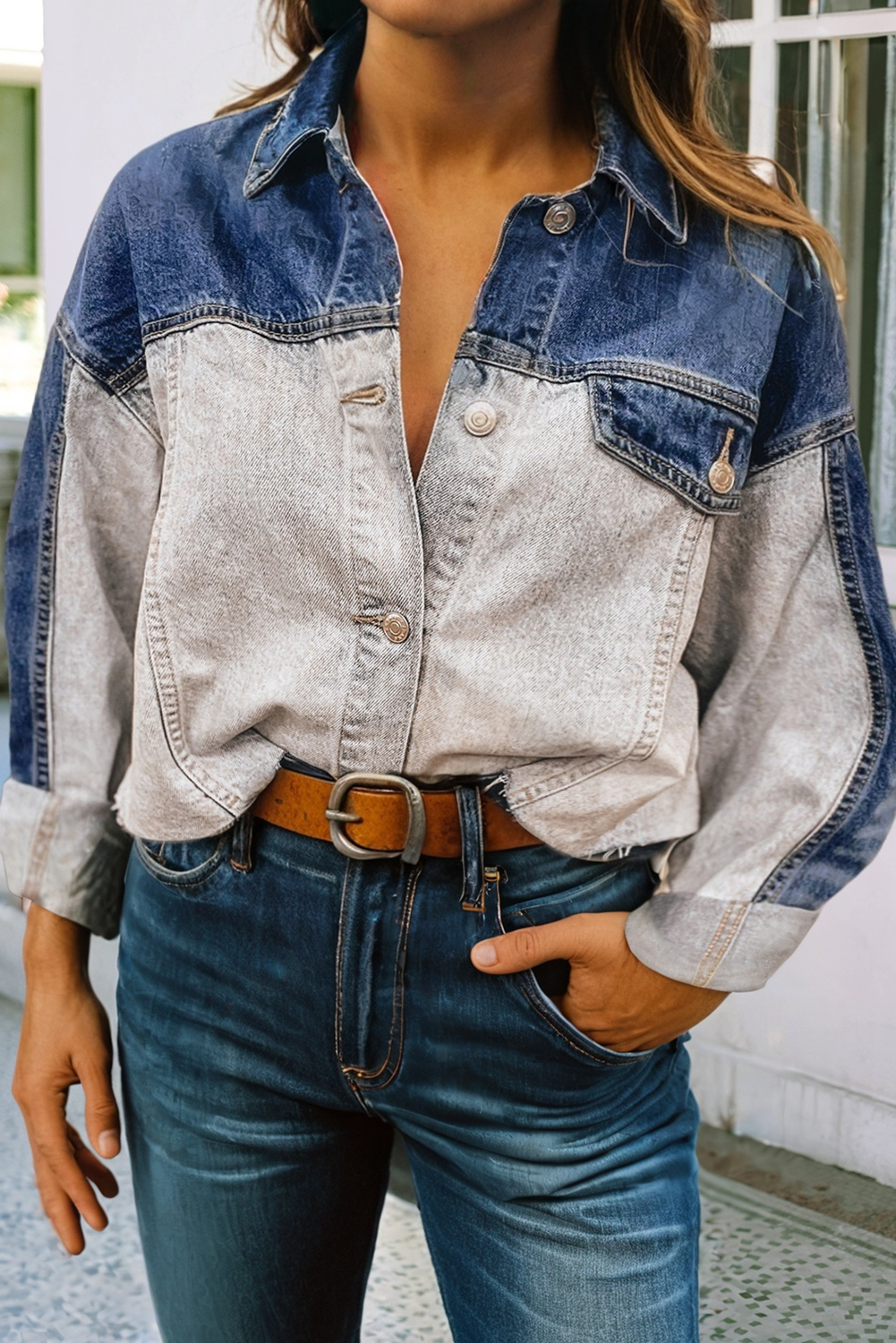 Montana Vibe: Color Block Patchwork Flap Detail Distress Denim Jacket