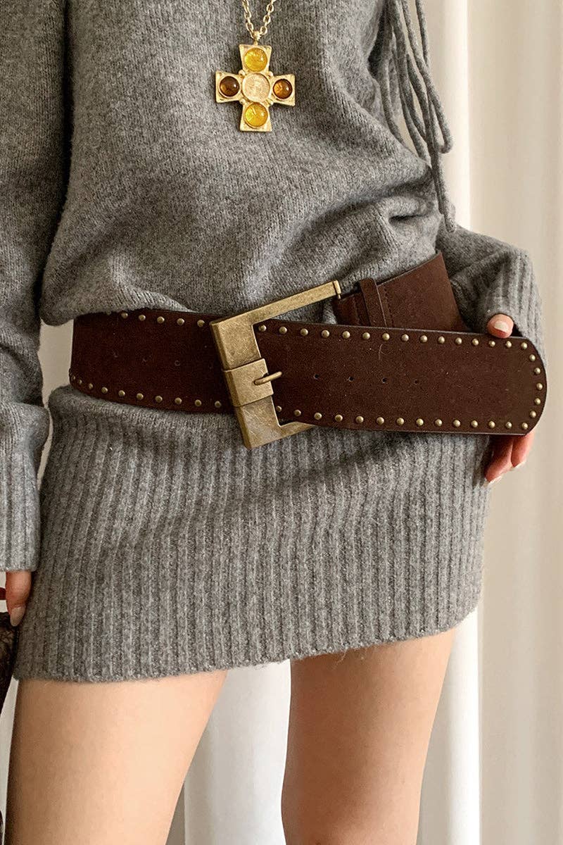 Wide Buckle Studded Belt