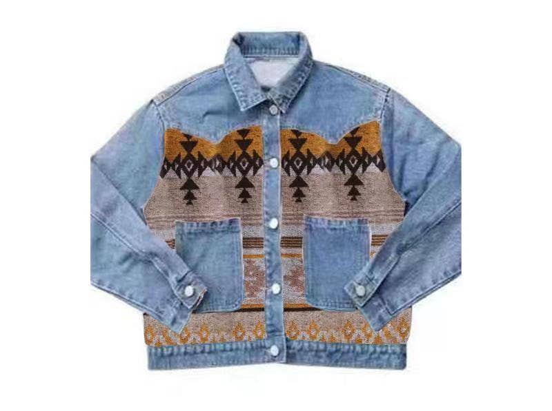 Denim Jacket with contrast fabric Aztec Print