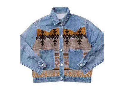 Denim Jacket with contrast fabric Aztec Print