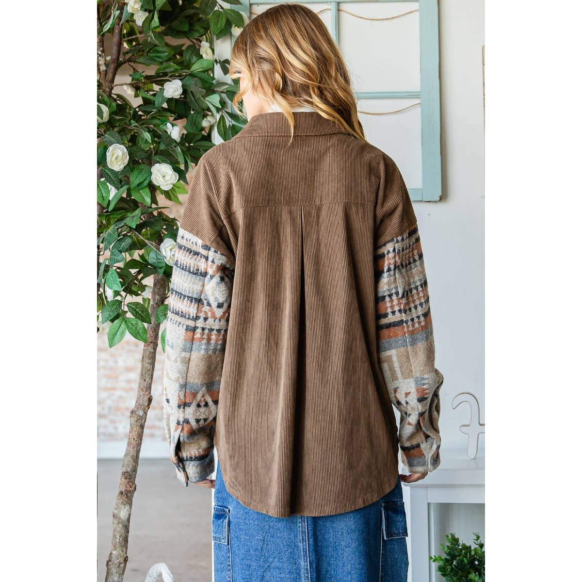 Shacket-Contrast Pattern Corduroy