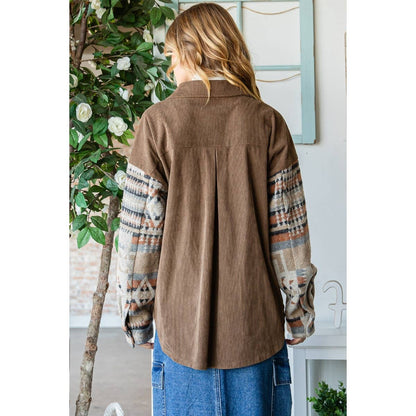 Shacket-Contrast Pattern Corduroy