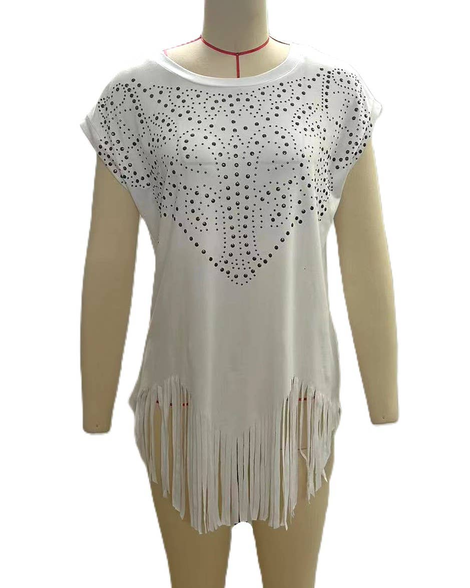 Western Studded Rustic Asymmetry Fringe Print Tee (Studded Boot-Print Design)