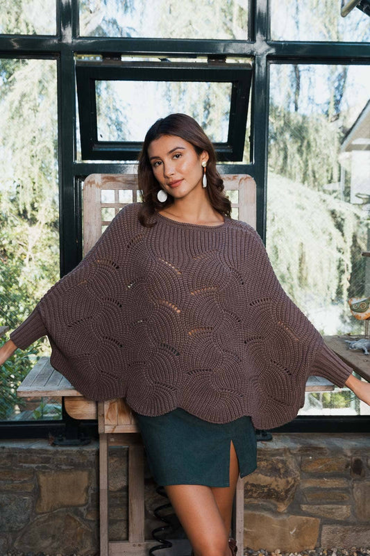 Ribbed Knit Pattern Poncho w/ Sleeves (Olive)