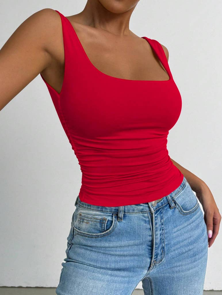 Everyday Basic Versatile Square neck stretchy tank top (Ruched sides; Very Slimming)