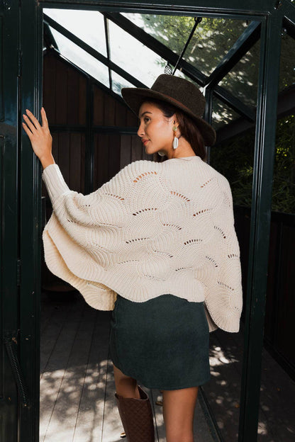 Ribbed Knit Pattern Poncho w/ Sleeves (Olive)