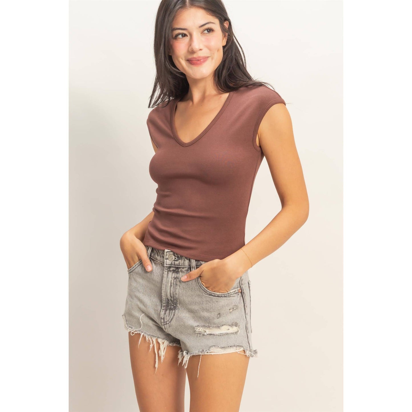 V-Neck Cap Sleeve Top