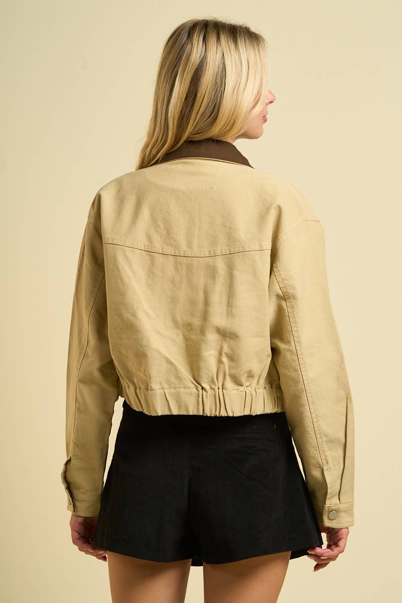 Cropped Utility Jacket with Contrast Collar (OLIVE w/Brown Collar)