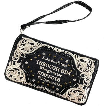Montana Boho/Western Spirit Handbag: Bible Verse Philippians 4:13 Embroidery Crossbody Wallet