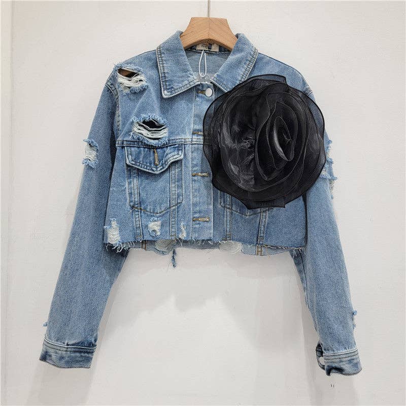Be A Show-Stopper—Simply IRRESISTIBLE: Distressed Denim Jacket w/Floral Design