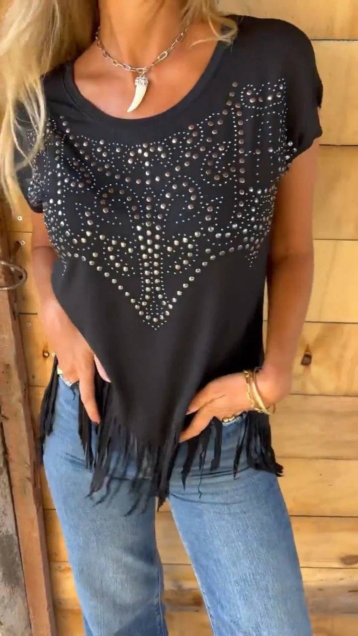 Western Studded Rustic Asymmetry Fringe Print Tee (Studded Boot-Print Design)