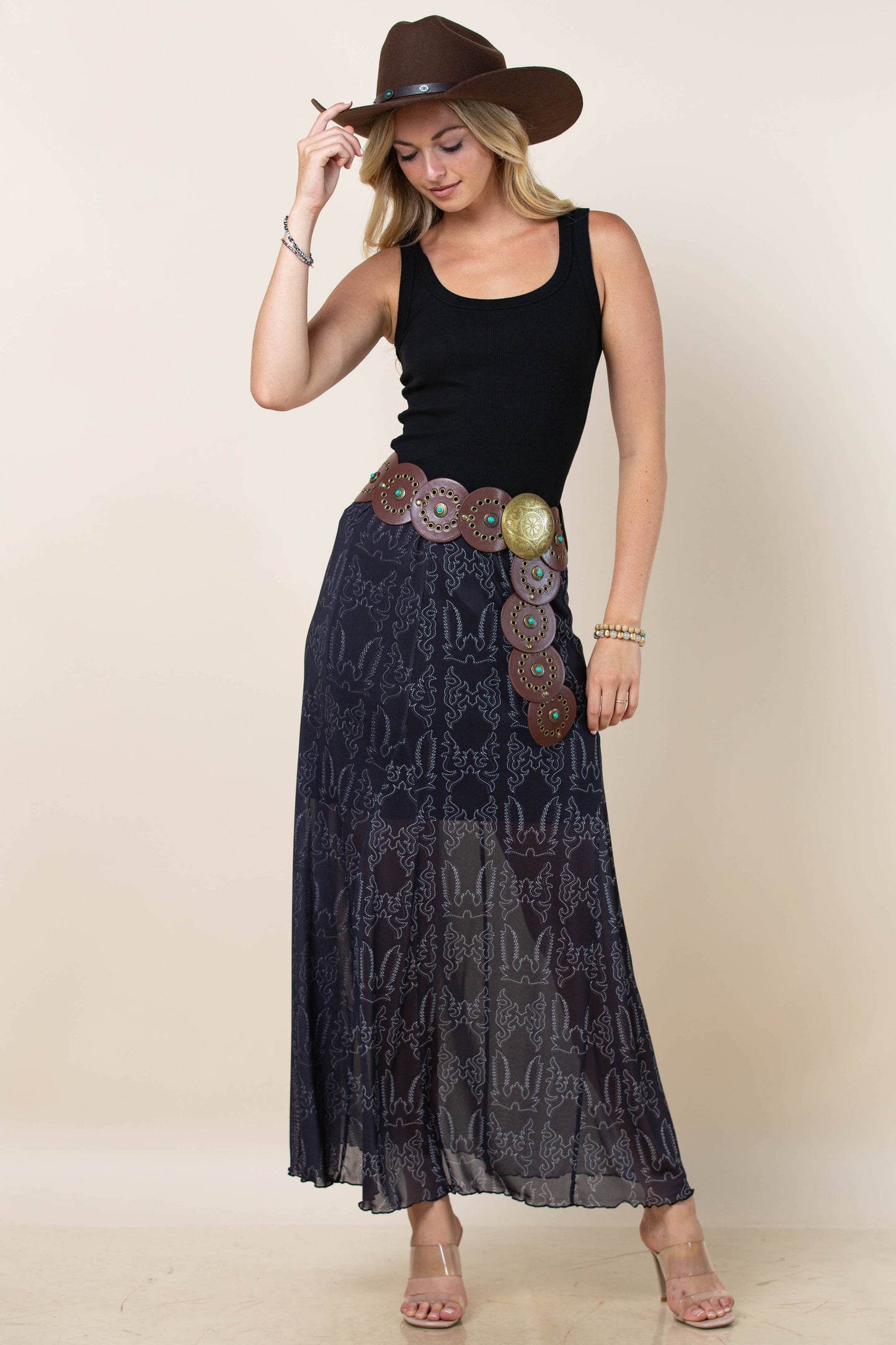 Montana Boho/Western Spirit Fashion:-REESE BOOTSTITCH PRINT A-LINE LINED MESH SKIRT